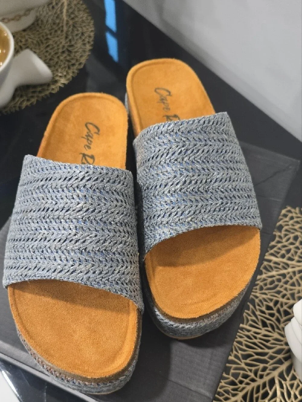 Cape Robbin Denim Blue Woven Platform Slides